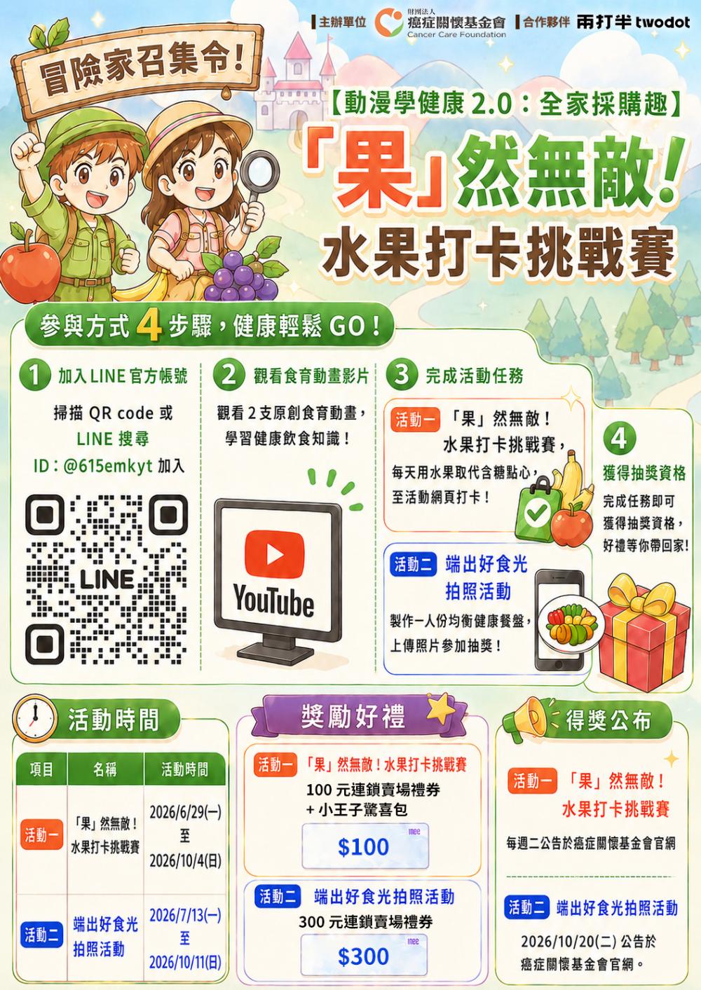 公告縮圖：轉知:有關財團法人癌症關懷基金會辦理衛生福利部國民健康署補助之「『果』然無敵！水果打卡挑戰賽」